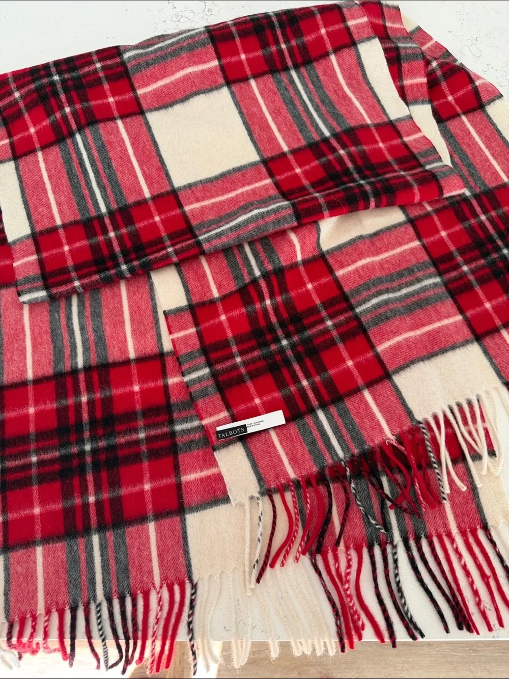 Talbots Red and Cream Plaid Fringe Scarf 100% Cashmere